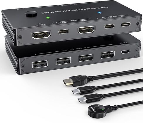 USB C+HDMI KVM Switch 4K@60Hz 2K@120Hz,Camgeet KVM Switch for 2 Computers Share 1 Monitor and 4 USB Devices,with 100 W Power Delivery,Wired Remote and 3 Cables Included in Kuwait