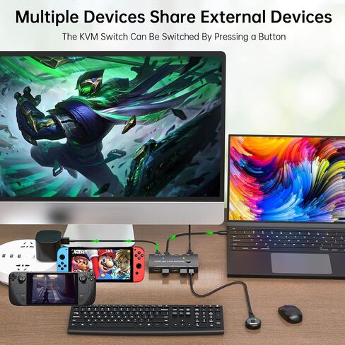 USB C+HDMI KVM Switch 4K@60Hz 2K@120Hz,Camgeet KVM Switch for 2 Computers Share 1 Monitor and 4 USB Devices,with 100 W Power Delivery,Wired Remote and 3 Cables Included in Kuwait