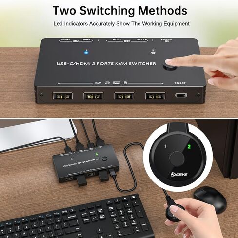 USB C+HDMI KVM Switch 4K@60Hz 2K@120Hz,Camgeet KVM Switch for 2 Computers Share 1 Monitor and 4 USB Devices,with 100 W Power Delivery,Wired Remote and 3 Cables Included in Kuwait