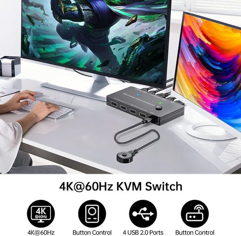 USB C+HDMI KVM Switch 4K@60Hz 2K@120Hz,Camgeet KVM Switch for 2 Computers Share 1 Monitor and 4 USB Devices,with 100 W Power Delivery,Wired Remote and 3 Cables Included in Kuwait