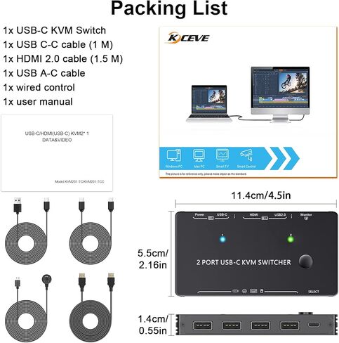 USB C+HDMI KVM Switch 4K@60Hz 2K@120Hz,Camgeet KVM Switch for 2 Computers Share 1 Monitor and 4 USB Devices,with 100 W Power Delivery,Wired Remote and 3 Cables Included in Kuwait