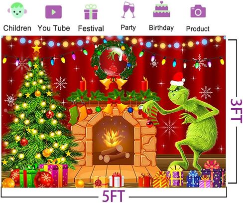 خلفية مدفأة كرتونية لمستلزمات حفلات عيد الميلاد مقاس 5 × 3 أقدام Grinch عيد الميلاد صورة خلفية عيد ميلاد سعيد خلفية تصوير Grinchmas راية in Saudi Arabia