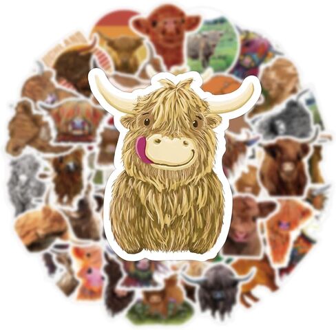 SEEDOR Highland Cow Stickers 53PCS Adorable Animal Cattle Graffiti Waterproof Vinyl Decals Gifts for Water Bottle Laptop Phone SETZ-Cow 53pcs 0 in Kuwait
