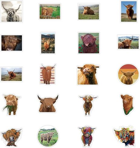 SEEDOR Highland Cow Stickers 53PCS Adorable Animal Cattle Graffiti Waterproof Vinyl Decals Gifts for Water Bottle Laptop Phone SETZ-Cow 53pcs 0 in Kuwait