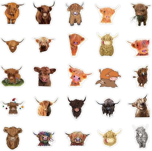 SEEDOR Highland Cow Stickers 53PCS Adorable Animal Cattle Graffiti Waterproof Vinyl Decals Gifts for Water Bottle Laptop Phone SETZ-Cow 53pcs 0 in Kuwait