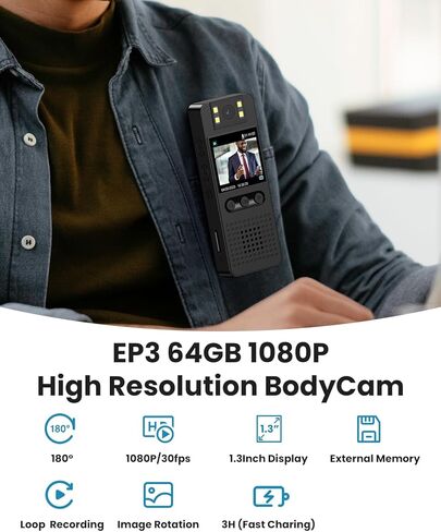 كاميرا الجسم Epoium EP3 سعة 64 جيجابايت، عدسة كاميرا قابلة للدوران 180 درجة، زاوية رؤية واسعة 140 درجة، فتحة بطاقة الذاكرة الخارجية، منفذ شحن من النوع C، يستخدم للتسجيل اليومي، ساعي البريد، الحيوانات الأليفة التي تمشي in Kuwait