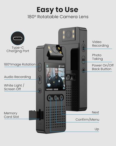 كاميرا الجسم Epoium EP3 سعة 64 جيجابايت، عدسة كاميرا قابلة للدوران 180 درجة، زاوية رؤية واسعة 140 درجة، فتحة بطاقة الذاكرة الخارجية، منفذ شحن من النوع C، يستخدم للتسجيل اليومي، ساعي البريد، الحيوانات الأليفة التي تمشي in Kuwait