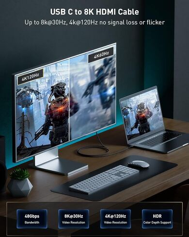 كابل Maxonar USB C إلى HDMI [8K، 48 جيجابت في الثانية]، سلك محول من النوع C إلى HDMI 2.1، 8K@30 هرتز، 4K@120 هرتز، HDR، [Thunderbolt 4/3، USB 4 متوافق] لجهاز iMac، MacBook Pro/Air M1 2021، ايباد برو، سيرفس برو، 6 قدم in Kuwait