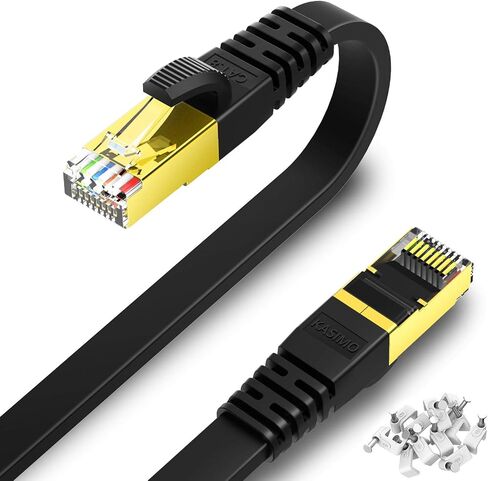 كابل إيثرنت مسطح KASIMO Cat 8 بطول 50 قدمًا، كابل Cat8 عالي السرعة لشبكة الإنترنت المسطحة LAN 40 جيجابت في الثانية 2000 ميجا هرتز سلك تصحيح شبكة SSTP مع موصل RJ45 مطلي بالذهب (50 قدمًا) in Kuwait