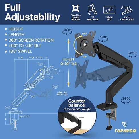 ذراع الشاشة - حامل شاشة فردي بنابض غاز - حركة قابلة للتعديل بالكامل (الدوران / الميل / الدوران) VESA حامل مكتب - حتى 32 بوصة - جهاز عرض الكمبيوتر الشخصي - Tupavco TP1705 in Kuwait