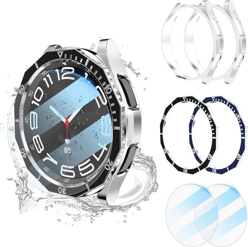 【عبوة من 2+2+3】مجموعة واقي شاشة وحافظة لساعة Samsung Galaxy Watch 6 مقاس 47 مم من Jomitvp، تأتي مع مجموعة من الحلقات الخارجية ذات الوجهين، وأغشية واقية من الزجاج المقسى مضادة للضباب والخدش (47 مم، فضي/أسود) in Kuwait