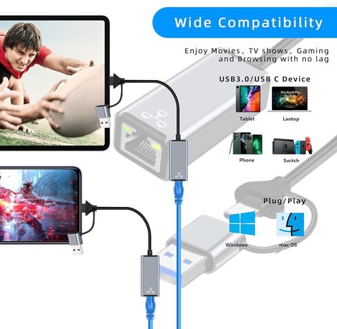 محول إيثرنت USB، محول إيثرنت USB C، كابل شبكة إيثرنت 2 في 1 USB3.0/USB-C إلى RJ45 جيجابت إيثرنت لنظام التشغيل Windows 10، MacBook Pro، iPad Pro، الكمبيوتر المحمول، Chromebook، Dell XPS، Samsung Galaxy والمزيد in Kuwait