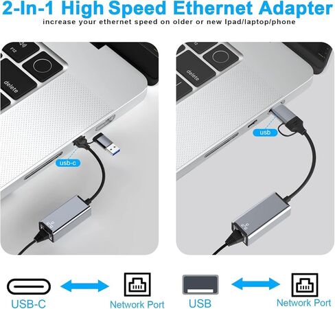 محول إيثرنت USB، محول إيثرنت USB C، كابل شبكة إيثرنت 2 في 1 USB3.0/USB-C إلى RJ45 جيجابت إيثرنت لنظام التشغيل Windows 10، MacBook Pro، iPad Pro، الكمبيوتر المحمول، Chromebook، Dell XPS، Samsung Galaxy والمزيد in Kuwait