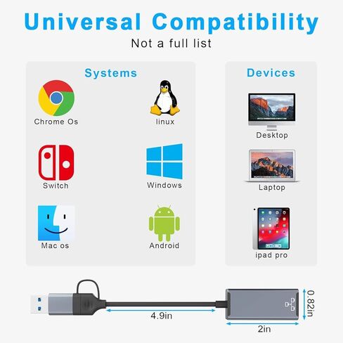 محول إيثرنت USB، محول إيثرنت USB C، كابل شبكة إيثرنت 2 في 1 USB3.0/USB-C إلى RJ45 جيجابت إيثرنت لنظام التشغيل Windows 10، MacBook Pro، iPad Pro، الكمبيوتر المحمول، Chromebook، Dell XPS، Samsung Galaxy والمزيد in Kuwait