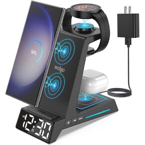 شاحن Welgo اللاسلكي لأجهزة Samsung مع ساعة منبه، محطة شحن 4 في 1 لأجهزة Samsung S23 Ultra/S22/Note 10/Z Fold4/Z Flip4/iPhone، لساعة Galaxy Watch 5 Pro/4/3 وSamsung Galaxy Buds in Kuwait