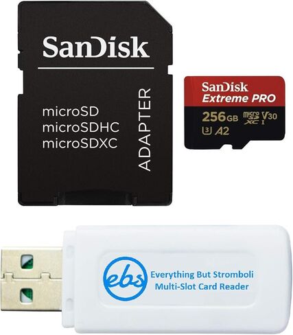 سانديسك بطاقة ذاكرة مايكرو SD اكستريم برو 256GB لكاميرا جو برو هيرو 10 بلاك هيرو 10 UHS-1 U3 / V30 A2 4K الفئة 10 (SDSQXCZ-256G-GN6MA) مع قارئ بطاقات مايكرو SDXC من ايفريثينج بات سترومبولي in Kuwait