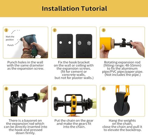 Goshoot Photography 3 Roller Wall Mount Manual Backdrop Support System Set with 6 Expand Bars, 2 Tri-Folding Hooks and 3 Chains for Mounting 3 Backdrops in Kuwait