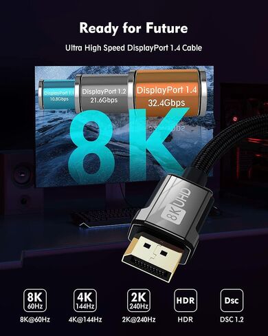 كابل Silkland 8K DisplayPort 1.4، كابل DP 3.3 قدم [8K@60 هرتز، 4K@144 هرتز، 2K@240 هرتز 165 هرتز]، سلك منفذ عرض عالي السرعة مجدول مطلي بالذهب، متوافق مع أجهزة الكمبيوتر المحمول، شاشة ألعاب FreeSync G-Sync in Kuwait