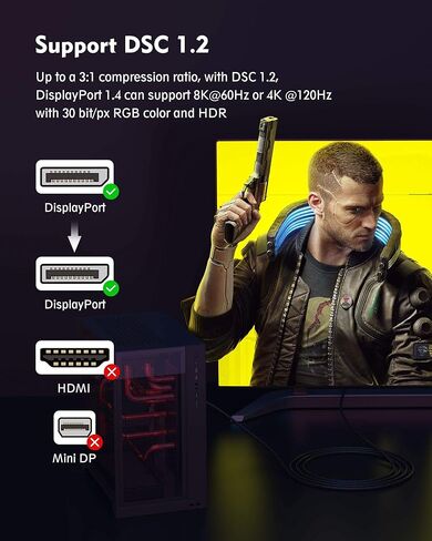 كابل Silkland 8K DisplayPort 1.4، كابل DP 3.3 قدم [8K@60 هرتز، 4K@144 هرتز، 2K@240 هرتز 165 هرتز]، سلك منفذ عرض عالي السرعة مجدول مطلي بالذهب، متوافق مع أجهزة الكمبيوتر المحمول، شاشة ألعاب FreeSync G-Sync in Kuwait