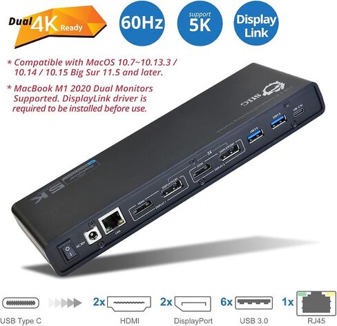 محطة إرساء شاشة مزدوجة SIIG USB من النوع C 4K - قاعدة كمبيوتر محمول فيديو مزدوجة 4K@60HZ أو 5K@60هرتز - متوافقة مع Thunderbolt 3 (2 HDMI، 2 مخرجات DisplayPort، جيجابت إيثرنت، 6 منافذ USB 3.0) in Kuwait