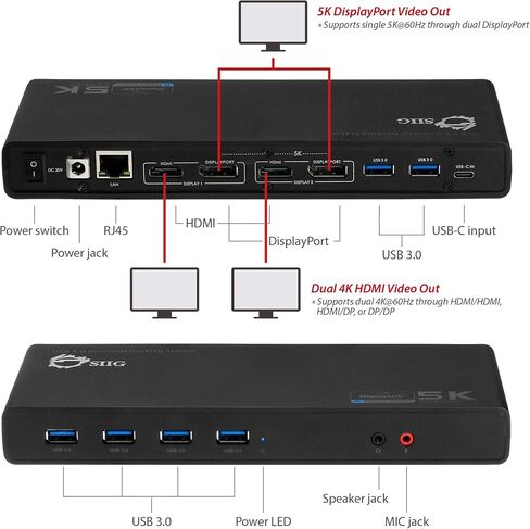محطة إرساء شاشة مزدوجة SIIG USB من النوع C 4K - قاعدة كمبيوتر محمول فيديو مزدوجة 4K@60HZ أو 5K@60هرتز - متوافقة مع Thunderbolt 3 (2 HDMI، 2 مخرجات DisplayPort، جيجابت إيثرنت، 6 منافذ USB 3.0) in Kuwait