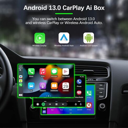 Carplay AI Box Android 13، CarPlay & Android Auto Wireless Converter مع Netflix YouTube Multimeida Video Box، 8 Core، 4+64G Magic Box Carplay يدعم بطاقة 4G SIM/TF، للسيارات المزودة بسلك CarPlay من المصنع in Kuwait