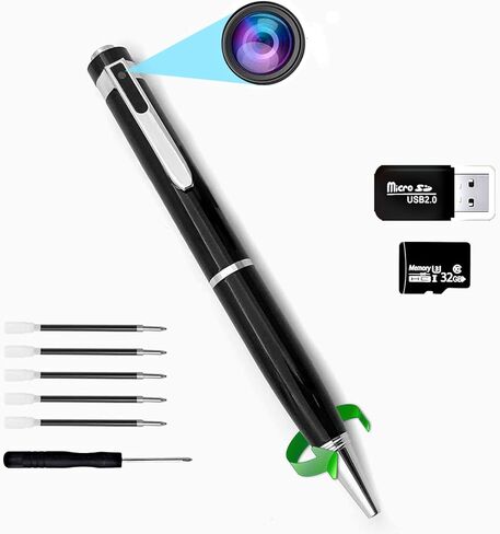 قلم كاميرا تجسس صغير، قلم كاميرا تجسس FHD 1080P، كاميرا مربية، كاميرا مخفية مع تسجيل فيديو، كاميرا تجسس، عمر بطارية طويل، لقطة، 5 عبوات حبر، سهلة الاستخدام، بطاقة TF عالية السرعة 32 جيجا in Kuwait
