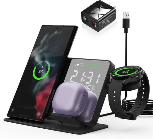 محطة شحن لاسلكية MOSHOU لأجهزة Samsung، قاعدة شحن منبه مرآة لهاتف Galaxy S23 S22 S21 S20 S10/Note 20 10 9/ Z Flip Fold 4، Galaxy Watch 5 Pro/5/4/3، Galaxy Buds (مع محول) in Kuwait