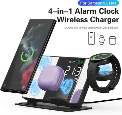 محطة شحن لاسلكية MOSHOU لأجهزة Samsung، قاعدة شحن منبه مرآة لهاتف Galaxy S23 S22 S21 S20 S10/Note 20 10 9/ Z Flip Fold 4، Galaxy Watch 5 Pro/5/4/3، Galaxy Buds (مع محول) in Kuwait