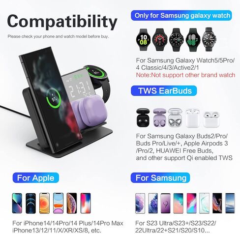 محطة شحن لاسلكية MOSHOU لأجهزة Samsung، قاعدة شحن منبه مرآة لهاتف Galaxy S23 S22 S21 S20 S10/Note 20 10 9/ Z Flip Fold 4، Galaxy Watch 5 Pro/5/4/3، Galaxy Buds (مع محول) in Kuwait