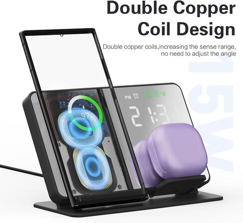 محطة شحن لاسلكية MOSHOU لأجهزة Samsung، قاعدة شحن منبه مرآة لهاتف Galaxy S23 S22 S21 S20 S10/Note 20 10 9/ Z Flip Fold 4، Galaxy Watch 5 Pro/5/4/3، Galaxy Buds (مع محول) in Kuwait