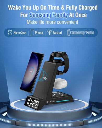 شاحن Welgo اللاسلكي لأجهزة Samsung مع ساعة منبه، محطة شحن 4 في 1 لأجهزة Samsung S23 Ultra/S22/Note 10/Z Fold4/Z Flip4/iPhone، لساعة Galaxy Watch 5 Pro/4/3 وSamsung Galaxy Buds in Kuwait