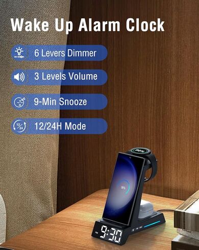 شاحن Welgo اللاسلكي لأجهزة Samsung مع ساعة منبه، محطة شحن 4 في 1 لأجهزة Samsung S23 Ultra/S22/Note 10/Z Fold4/Z Flip4/iPhone، لساعة Galaxy Watch 5 Pro/4/3 وSamsung Galaxy Buds in Kuwait