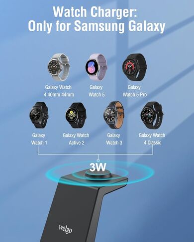 شاحن Welgo اللاسلكي لأجهزة Samsung مع ساعة منبه، محطة شحن 4 في 1 لأجهزة Samsung S23 Ultra/S22/Note 10/Z Fold4/Z Flip4/iPhone، لساعة Galaxy Watch 5 Pro/4/3 وSamsung Galaxy Buds in Kuwait
