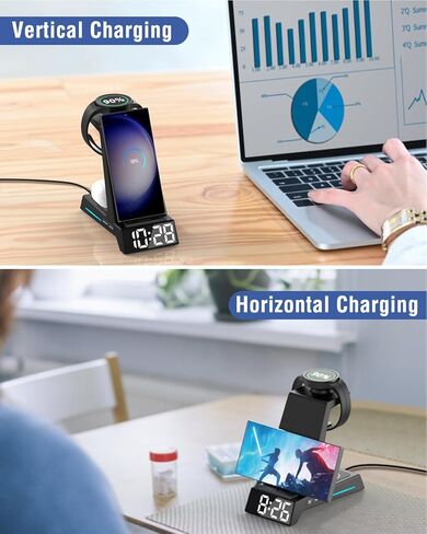 شاحن Welgo اللاسلكي لأجهزة Samsung مع ساعة منبه، محطة شحن 4 في 1 لأجهزة Samsung S23 Ultra/S22/Note 10/Z Fold4/Z Flip4/iPhone، لساعة Galaxy Watch 5 Pro/4/3 وSamsung Galaxy Buds in Kuwait