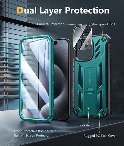 حافظة FNTCASE لهاتف iPhone 15-Pro-Max: غطاء هاتف محمول واقٍ متين مقاوم للسقوط من الدرجة العسكرية مع مسند وواقي مدمج | حافظات ممتصة للصدمات مصنوعة من مادة TPU مقاومة للصدمات (برتقالي) in Kuwait