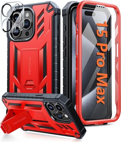 FNTCASE for iPhone 15-Pro-Max Case: Military Grade Drop Proof Rugged Protective Cell Phone Cover with Kickstand & Built-in Protector | Matte Textured Shockproof TPU Hybrid Bumper Cases (Orange) in Kuwait