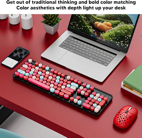 Wireless Keyboard Mouse Combo, Full Size Retro Typewriter Keyboard with Colorful Round Keycap, Portable Ergonomic Keyboard and Mouse for Computer PC Laptop Notebook (Mixed Color Yellow) in Kuwait