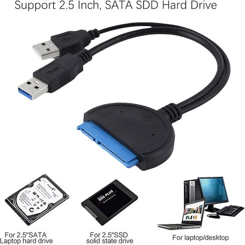 TUYXCIE USB to SATA Adapter, SATA to USB Cable for 2.5 Inch External Hard Disk Driver USB 3.0 SATA Adapter for SSD and HDD, Support UASP for PC Laptop Single USB (Black) in Kuwait