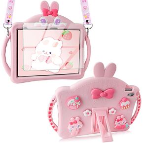 VOFUOE for iPad 10th Generation Case, iPad 10th 10.9 Cover with Screen Protector Shoulder Straps Handle, Cute Rabbit Soft Silicone Tablet Cases Kids Girls for iPad 10th Generation 2022 10.9 Inch-Pink