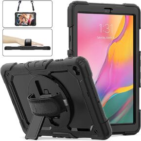 Samsung Galaxy Tab A 10.1 Case 2019 | Herize SM-T510/T515 Shockproof Rugged Protective Case Cover with Built-in Screen Protector, 360 Stand,Hand Strap& Shoulder Strap for Galaxy Tab A 10.1 Inch-Black in Kuwait