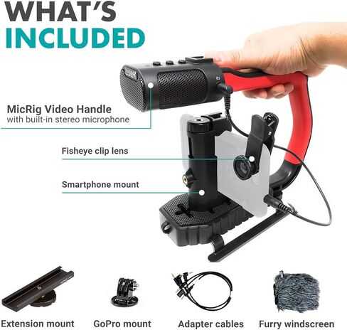 Sevenoak MicRig Universal Video Grip Handle with Integrated Stereo Microphone, Windscreen, and Shoe Extender Bracket for DSLR Cameras, iPhone, Android Smartphones and GoPro (Red) in Saudi Arabia