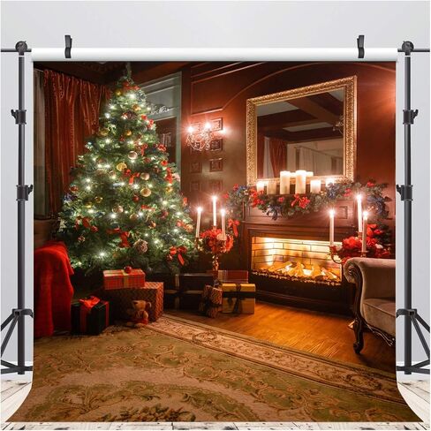 AIIKES 8x8FT Christmas Tree Backdrops Indoor Fireplace Photography Background Xmas Gifts Wood Floor Photo Backdrops Party Home Decoration Photo Booth Studio Props 11-777 in Kuwait