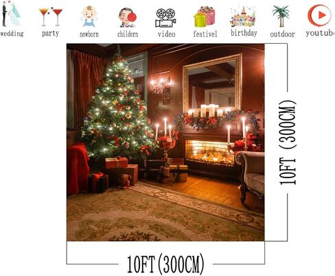 AIIKES 8x8FT Christmas Tree Backdrops Indoor Fireplace Photography Background Xmas Gifts Wood Floor Photo Backdrops Party Home Decoration Photo Booth Studio Props 11-777 in Kuwait