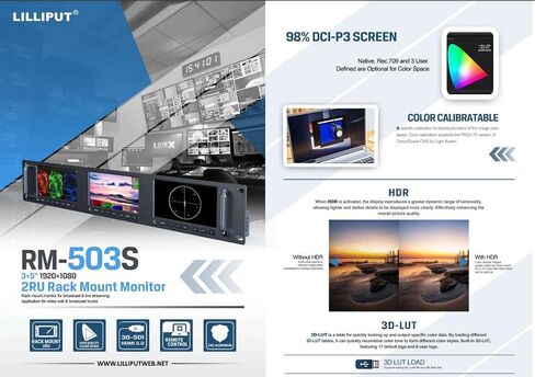 LILLIPUT RM-503S 3 X 5 inch Full HD 2RU Rack Mount Monitor 1920x1080 HDMI 2.0, 3G-SDI Input and Output with Waveform and Vector Functions in Saudi Arabia