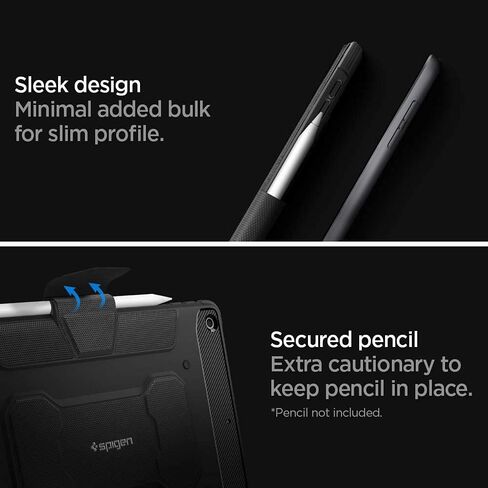 حافظة Spigen Rugged Armor Pro مصممة لجهاز iPad 10.2، حافظة iPad الجيل التاسع (2021) / حافظة iPad الجيل الثامن (2020) / حافظة iPad الجيل السابع (2019) مع حامل قلم رصاص - أسود in Kuwait