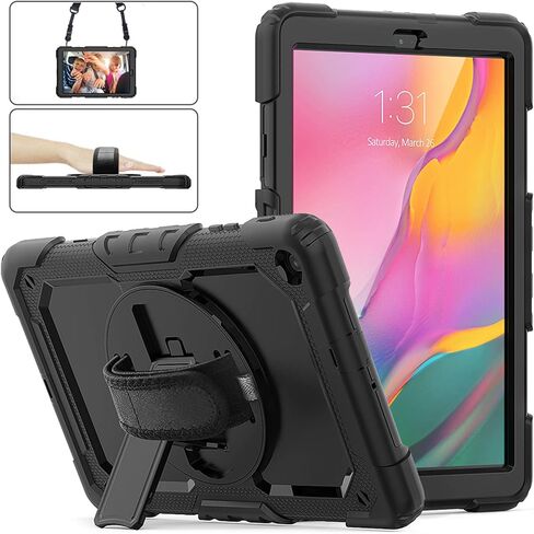 Samsung Galaxy Tab A 10.1 Case 2019 | Herize SM-T510/T515 Shockproof Rugged Protective Case Cover with Built-in Screen Protector, 360 Stand,Hand Strap& Shoulder Strap for Galaxy Tab A 10.1 Inch-Black in Kuwait