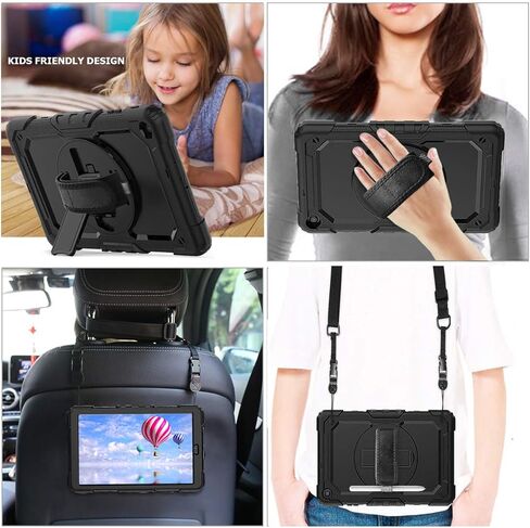 Samsung Galaxy Tab A 10.1 Case 2019 | Herize SM-T510/T515 Shockproof Rugged Protective Case Cover with Built-in Screen Protector, 360 Stand,Hand Strap& Shoulder Strap for Galaxy Tab A 10.1 Inch-Black in Kuwait