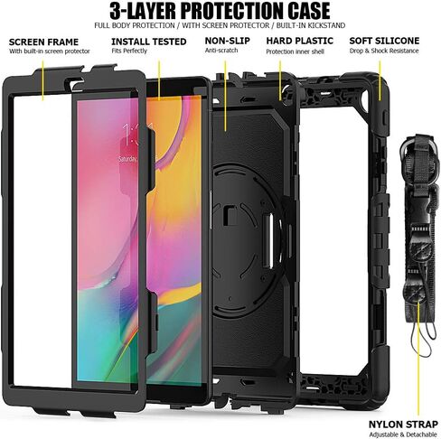 Samsung Galaxy Tab A 10.1 Case 2019 | Herize SM-T510/T515 Shockproof Rugged Protective Case Cover with Built-in Screen Protector, 360 Stand,Hand Strap& Shoulder Strap for Galaxy Tab A 10.1 Inch-Black in Kuwait