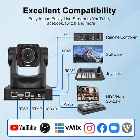 كاميرا ADKIDO 12X PTZ تدعم تكبير بصري للفيديو 1080P مع مخرج USB 3.0 كاميرا بث مباشر للكنيسة والمؤتمرات والأحداث in Kuwait